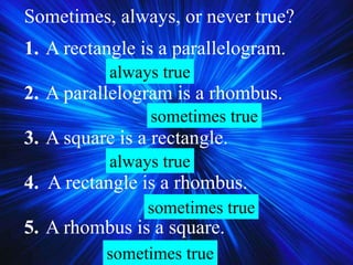 Sometimes, always, or never true?
1. A rectangle is a parallelogram.
2. A parallelogram is a rhombus.
3. A square is a rectangle.
4. A rectangle is a rhombus.
5. A rhombus is a square.
always true
sometimes true
always true
sometimes true
sometimes true
 