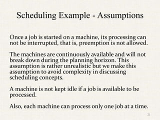 Scheduling Example - Assumptions
Once a job is started on a machine, its processing can
not be interrupted, that is, preemption is not allowed.
The machines are continuously available and will not
break down during the planning horizon. This
assumption is rather unrealistic but we make this
assumption to avoid complexity in discussing
scheduling concepts.
A machine is not kept idle if a job is available to be
processed.
Also, each machine can process only one job at a time.
21
 