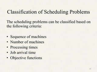 Classification of Scheduling Problems
The scheduling problems can be classified based on
the following criteria:
• Sequence of machines
• Number of machines
• Processing times
• Job arrival time
• Objective functions
22
 