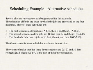 Scheduling Example - Alternative schedules
Several alternative schedules can be generated for this example.
The schedules differ in the order in which the jobs are processed on the four
machines. Three of these schedules are:
o The first schedule orders jobs as: A first, then B and then C (A-B-C).
o The second schedule orders jobs as: B first, then A, and then C (B-A-C).
o The third schedule orders jobs as: C first, then A, and then B (C-A-B).
The Gantt charts for these schedules are shown in next slide.
The values of make-span for these three schedules are 25, 27 and 30 days
respectively. Schedule A-B-C is the best of these three schedules.
18
 