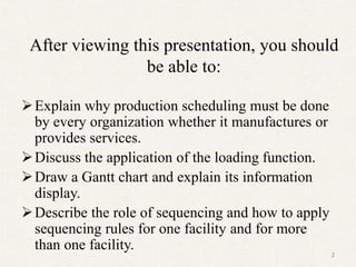 After viewing this presentation, you should
be able to:
Explain why production scheduling must be done
by every organization whether it manufactures or
provides services.
Discuss the application of the loading function.
Draw a Gantt chart and explain its information
display.
Describe the role of sequencing and how to apply
sequencing rules for one facility and for more
than one facility.
2
 