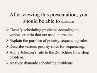 After viewing this presentation, you
should be able to (continued)
Classify scheduling problems according to
various criteria that are used in practice.
Explain the purpose of priority sequencing rules.
Describe various priority rules for sequencing.
Apply Johnson’s rule to the 2-machine flow shop
problem.
Analyze dynamic scheduling problems.
3
 