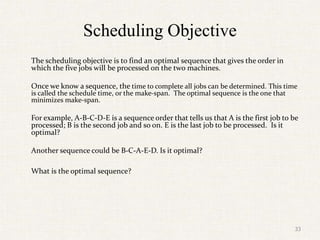 Scheduling Objective
The scheduling objective is to find an optimal sequence that gives the order in
which the five jobs will be processed on the two machines.
Once we know a sequence, the time to complete all jobs can be determined. This time
is called the schedule time, or the make-span. The optimal sequence is the one that
minimizes make-span.
For example, A-B-C-D-E is a sequence order that tells us that A is the first job to be
processed; B is the second job and so on. E is the last job to be processed. Is it
optimal?
Another sequence could be B-C-A-E-D. Is it optimal?
What is the optimal sequence?
33
 