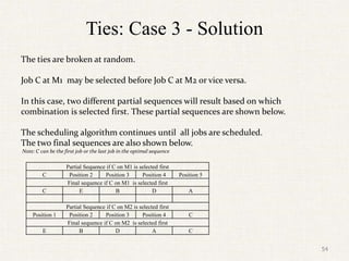 Ties: Case 3 - Solution
The ties are broken at random.
Job C at M1 may be selected before Job C at M2 or vice versa.
In this case, two different partial sequences will result based on which
combination is selected first. These partial sequences are shown below.
The scheduling algorithm continues until all jobs are scheduled.
The two final sequences are also shown below.
Note: C can be the first job or the last job in the optimal sequence
54
Partial Sequence if C on M1 is selected first
C Position 2 Position 3 Position 4 Position 5
Final sequence if C on M1 is selected first
C E B D A
Partial Sequence if C on M2 is selected first
Position 1 Position 2 Position 3 Position 4 C
Final sequence if C on M2 is selected first
E B D A C
 