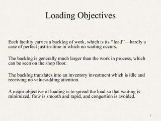 Loading Objectives
Each facility carries a backlog of work, which is its ‘‘load’’—hardly a
case of perfect just-in-time in which no waiting occurs.
The backlog is generally much larger than the work in process, which
can be seen on the shop floor.
The backlog translates into an inventory investment which is idle and
receiving no value-adding attention.
A major objective of loading is to spread the load so that waiting is
minimized, flow is smooth and rapid, and congestion is avoided.
8
 