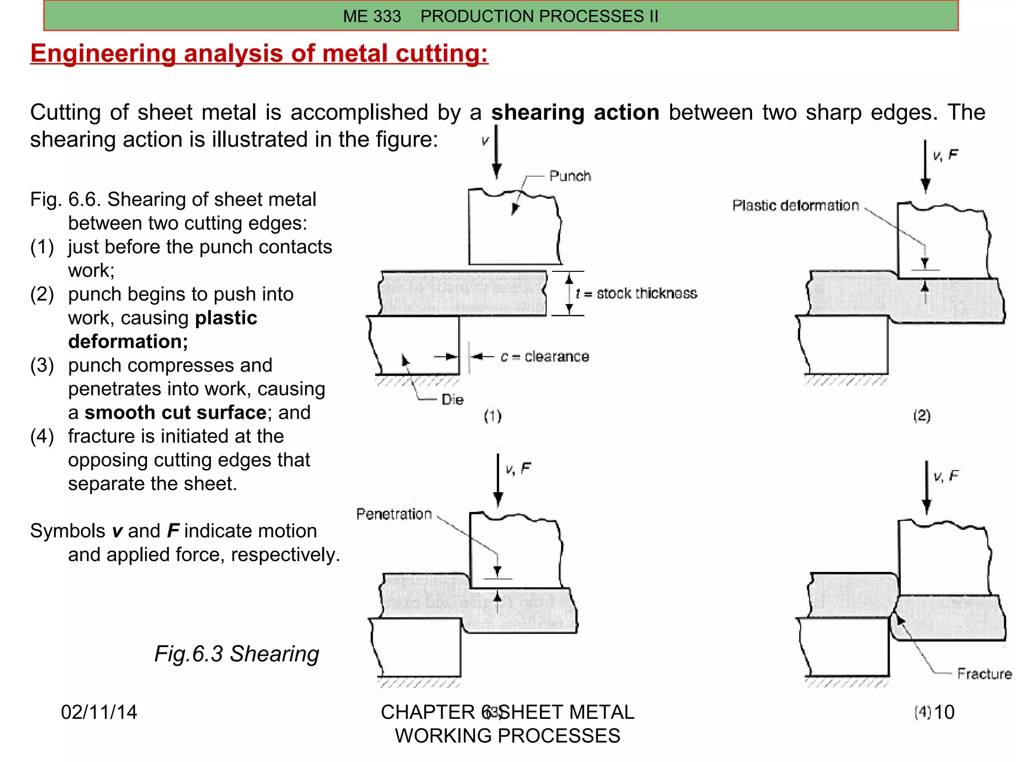 Fig. 6.6. Shearing of sheet metal 
between two cutting edges: 
(1) just before the punch contacts 
02/11/14 CHAPTER 6 SHEET METAL 
WORKING PROCESSES 
10 
ME 333 PRODUCTION PROCESSES II 
Engineering analysis of metal cutting: 
Cutting of sheet metal is accomplished by a shearing action between two sharp edges. The 
shearing action is illustrated in the figure: 
Fig.6.3 Shearing 
work; 
(2) punch begins to push into 
work, causing plastic 
deformation; 
(3) punch compresses and 
penetrates into work, causing 
a smooth cut surface; and 
(4) fracture is initiated at the 
opposing cutting edges that 
separate the sheet. 
Symbols v and F indicate motion 
and applied force, respectively. 
 