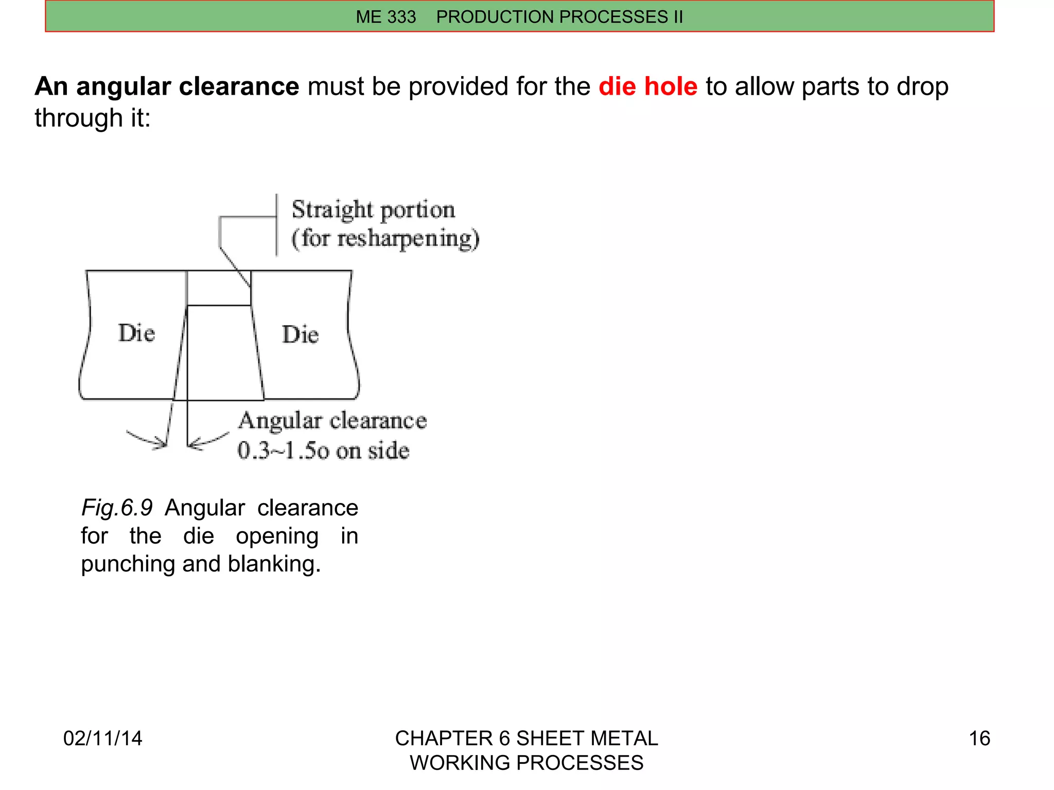 02/11/14 CHAPTER 6 SHEET METAL 
WORKING PROCESSES 
16 
ME 333 PRODUCTION PROCESSES II 
An angular clearance must be provided for the die hole to allow parts to drop 
through it: 
Fig.6.9 Angular clearance 
for the die opening in 
punching and blanking. 
 