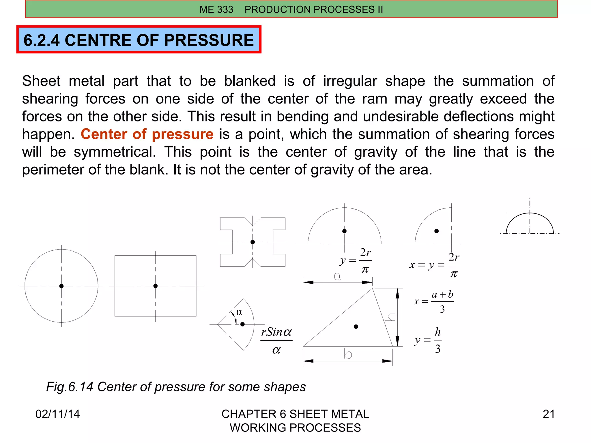 ME 333 PRODUCTION PROCESSES II 
y = 2r 
α 3 
rSina 
02/11/14 CHAPTER 6 SHEET METAL 
WORKING PROCESSES 
21 
6.2.4 CENTRE OF PRESSURE 
Sheet metal part that to be blanked is of irregular shape the summation of 
shearing forces on one side of the center of the ram may greatly exceed the 
forces on the other side. This result in bending and undesirable deflections might 
happen. Center of pressure is a point, which the summation of shearing forces 
will be symmetrical. This point is the center of gravity of the line that is the 
perimeter of the blank. It is not the center of gravity of the area. 
p 
x = y = 2r 
p 
a 
x = a + b 
y = h 
3 
Fig.6.14 Center of pressure for some shapes 
 