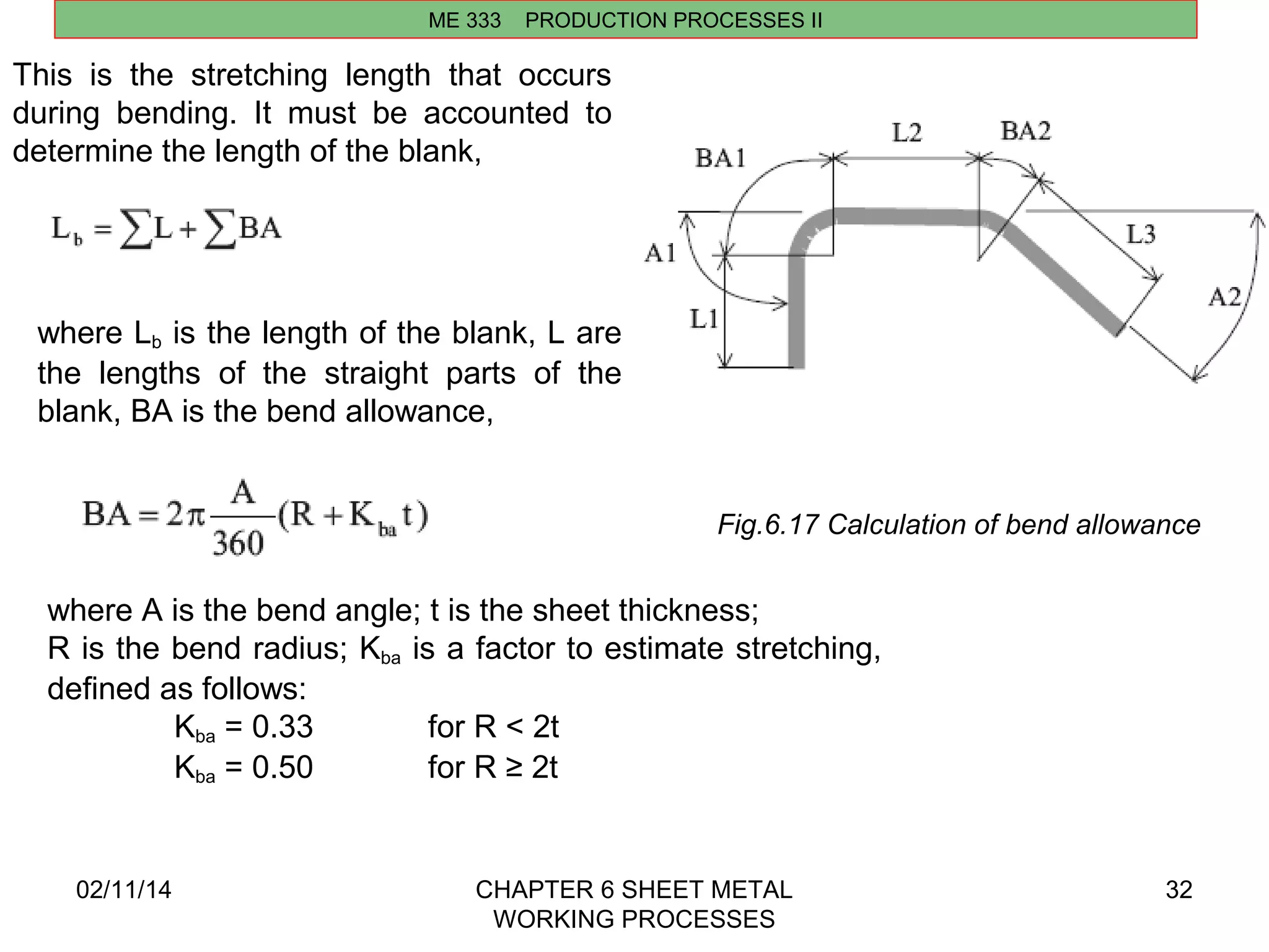 ME 333 PRODUCTION PROCESSES II 
where Lb is the length of the blank, L are 
the lengths of the straight parts of the 
blank, BA is the bend allowance, 
02/11/14 CHAPTER 6 SHEET METAL 
WORKING PROCESSES 
32 
This is the stretching length that occurs 
during bending. It must be accounted to 
determine the length of the blank, 
Fig.6.17 Calculation of bend allowance 
where A is the bend angle; t is the sheet thickness; 
R is the bend radius; Kba is a factor to estimate stretching, 
defined as follows: 
Kba = 0.33 for R < 2t 
Kba = 0.50 for R ≥ 2t 
 