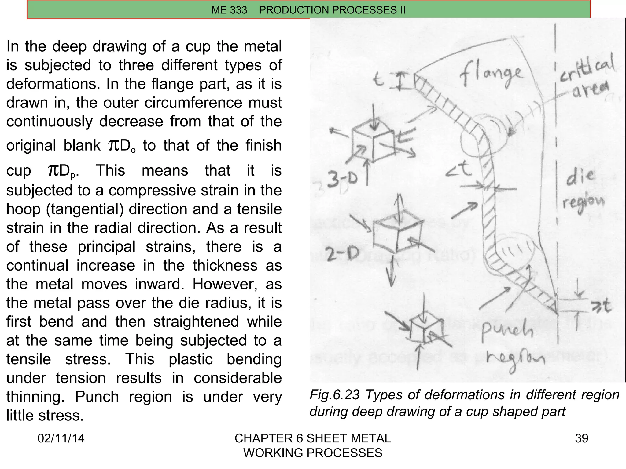 02/11/14 CHAPTER 6 SHEET METAL 
WORKING PROCESSES 
39 
ME 333 PRODUCTION PROCESSES II 
In the deep drawing of a cup the metal 
is subjected to three different types of 
deformations. In the flange part, as it is 
drawn in, the outer circumference must 
continuously decrease from that of the 
original blank pDo to that of the finish 
cup pDp. This means that it is 
subjected to a compressive strain in the 
hoop (tangential) direction and a tensile 
strain in the radial direction. As a result 
of these principal strains, there is a 
continual increase in the thickness as 
the metal moves inward. However, as 
the metal pass over the die radius, it is 
first bend and then straightened while 
at the same time being subjected to a 
tensile stress. This plastic bending 
under tension results in considerable 
thinning. Punch region is under very 
little stress. 
Fig.6.23 Types of deformations in different region 
during deep drawing of a cup shaped part 
 