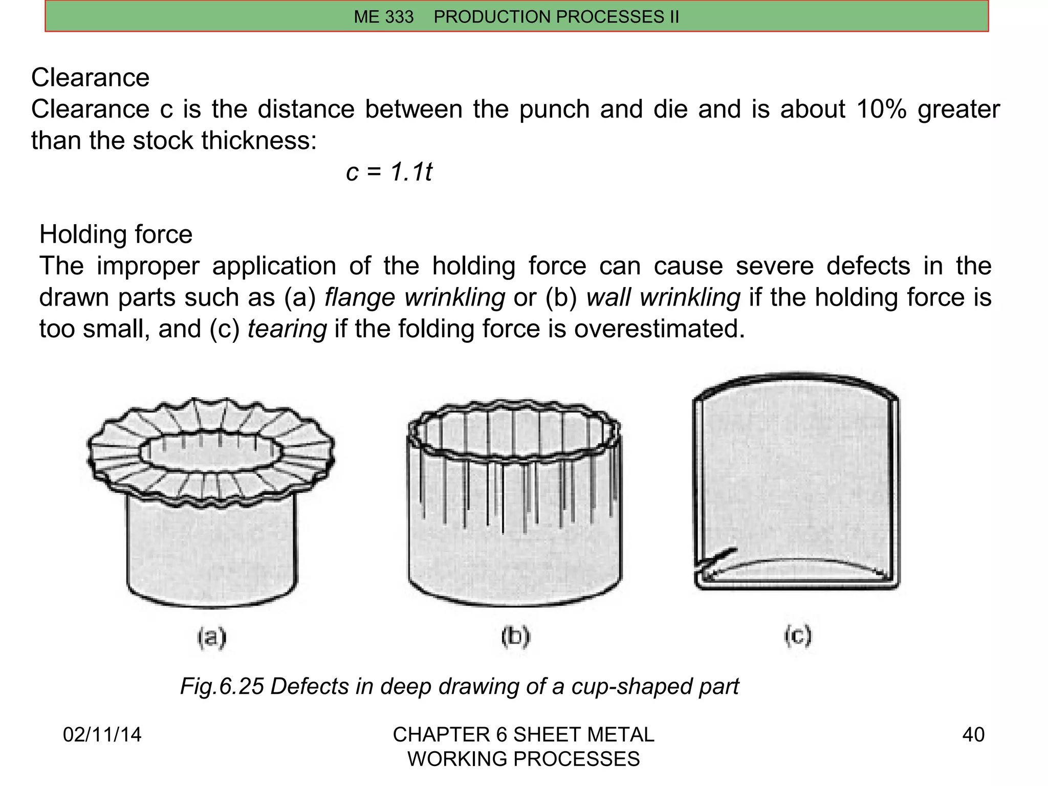 ME 333 PRODUCTION PROCESSES II 
Clearance 
Clearance c is the distance between the punch and die and is about 10% greater 
than the stock thickness: 
02/11/14 CHAPTER 6 SHEET METAL 
WORKING PROCESSES 
40 
c = 1.1t 
Holding force 
The improper application of the holding force can cause severe defects in the 
drawn parts such as (a) flange wrinkling or (b) wall wrinkling if the holding force is 
too small, and (c) tearing if the folding force is overestimated. 
Fig.6.25 Defects in deep drawing of a cup-shaped part 
 