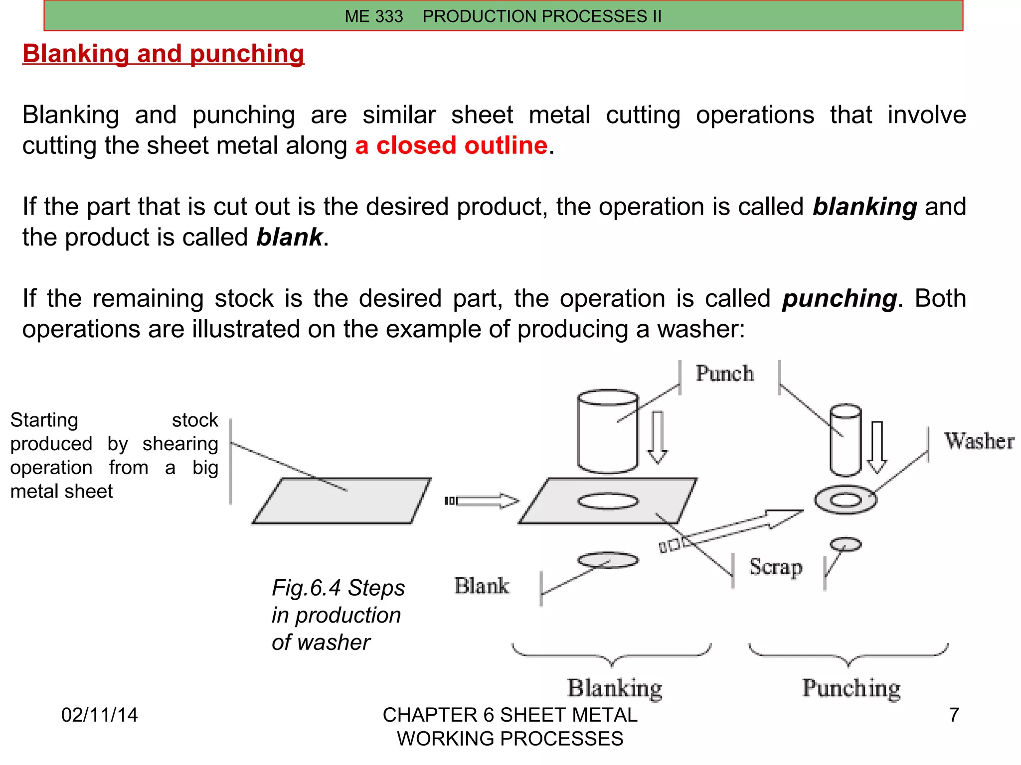 02/11/14 CHAPTER 6 SHEET METAL 
WORKING PROCESSES 
7 
ME 333 PRODUCTION PROCESSES II 
Blanking and punching 
Blanking and punching are similar sheet metal cutting operations that involve 
cutting the sheet metal along a closed outline. 
If the part that is cut out is the desired product, the operation is called blanking and 
the product is called blank. 
If the remaining stock is the desired part, the operation is called punching. Both 
operations are illustrated on the example of producing a washer: 
Starting stock 
produced by shearing 
operation from a big 
metal sheet 
Fig.6.4 Steps 
in production 
of washer 
 