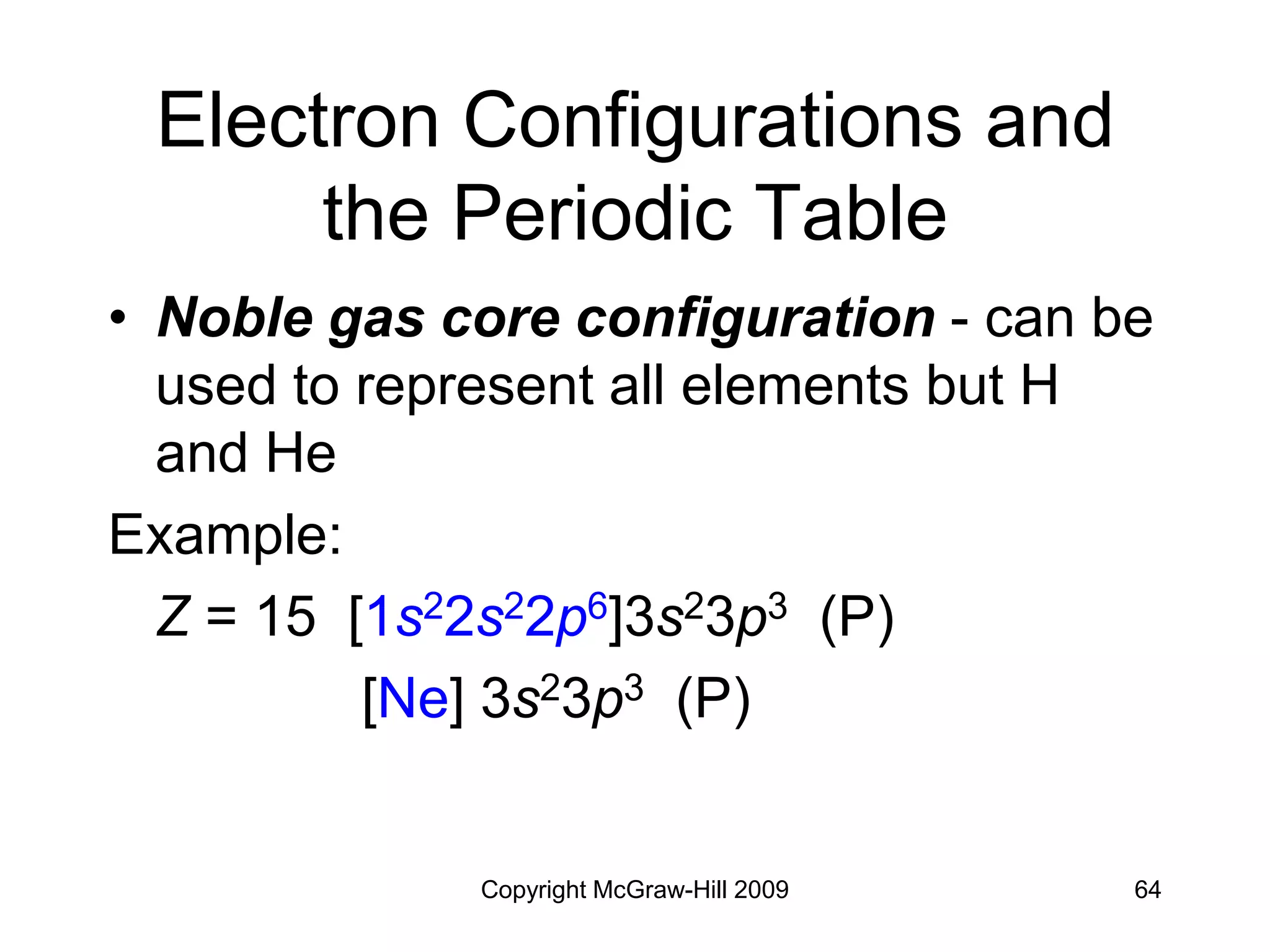 Copyright McGraw-Hill 2009 64
Electron Configurations and
the Periodic Table
• Noble gas core configuration - can be
used to represent all elements but H
and He
Example:
Z = 15 [1s22s22p6]3s23p3 (P)
[Ne] 3s23p3 (P)
 