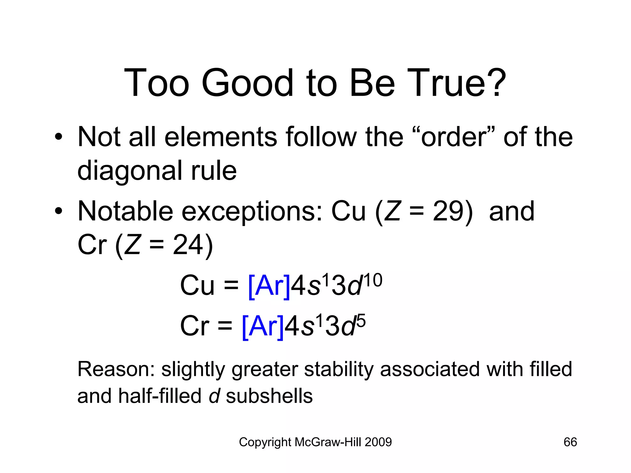 Copyright McGraw-Hill 2009 66
Too Good to Be True?
• Not all elements follow the “order” of the
diagonal rule
• Notable exceptions: Cu (Z = 29) and
Cr (Z = 24)
Cu = [Ar]4s13d10
Cr = [Ar]4s13d5
Reason: slightly greater stability associated with filled
and half-filled d subshells
 