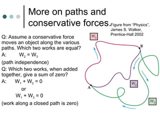 More on paths and conservative forces. Q: Assume a conservative force moves an object along the various paths. Which two works are equal? A:  W 2  = W 3 (path independence) Q: Which two works, when added together, give a sum of zero? A:  W 1  + W 2  = 0 or  W 1  + W 3  = 0 (work along a closed path is zero) Figure from “Physics”, James S. Walker, Prentice-Hall 2002 