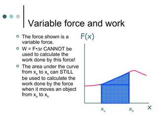 Variable force and work The force shown is a variable force. W = F •  r CANNOT be used to calculate the work done by this force! The area under the curve from x a  to x b  can STILL be used to calculate the work done by the force when it moves an object from x a  to x b   F(x) x x a x b 