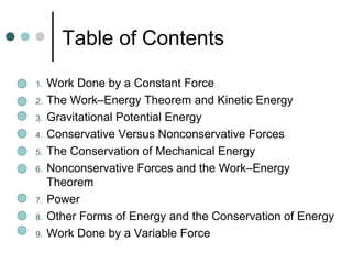 Table of Contents Work Done by a Constant Force  The Work–Energy Theorem and Kinetic Energy  Gravitational Potential Energy  Conservative Versus Nonconservative Forces The Conservation of Mechanical Energy  Nonconservative Forces and the Work–Energy Theorem  Power Other Forms of Energy and the Conservation of Energy  Work Done by a Variable Force  