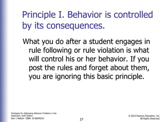 Principle I. Behavior is controlled by its consequences.  What you do after a student engages in rule following or rule violation is what will control his or her behavior. If you post the rules and forget about them, you are ignoring this basic principle. 