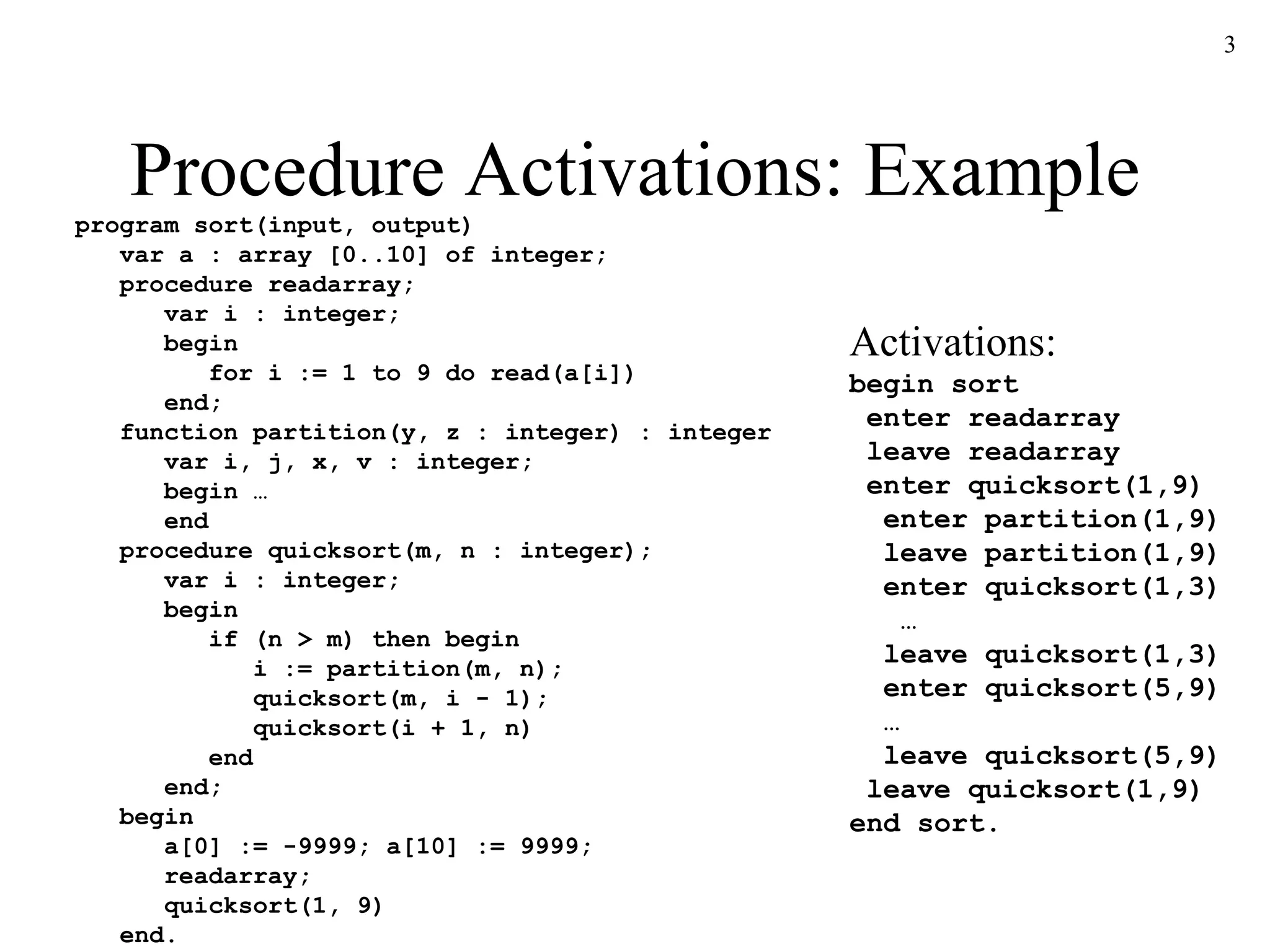 Procedure Activations: Example program sort(input, output)   var a : array [0..10] of integer;   procedure readarray;   var i : integer;   begin   for i := 1 to 9 do read(a[i])   end;   function partition(y, z : integer) : integer   var i, j, x, v : integer;   begin …   end   procedure quicksort(m, n : integer);   var i : integer;   begin   if (n > m) then begin   i := partition(m, n);   quicksort(m, i - 1);   quicksort(i + 1, n)   end   end;   begin   a[0] := -9999; a[10] := 9999;   readarray;   quicksort(1, 9)   end. Activations: begin sort  enter readarray  leave readarray  enter quicksort(1,9)   enter partition(1,9)   leave partition(1,9)   enter quicksort(1,3)   …   leave quicksort(1,3)   enter quicksort(5,9) …   leave quicksort(5,9)  leave quicksort(1,9) end sort. 