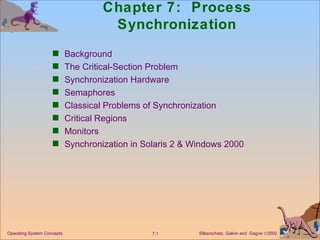 Chapter 7:  Process Synchronization ,[object Object],[object Object],[object Object],[object Object],[object Object],[object Object],[object Object],[object Object],Operating System Concepts 
