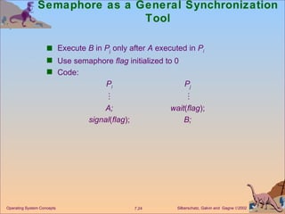 Semaphore as a General Synchronization Tool Execute  B  in  P j  only after  A  executed in  P i Use semaphore  flag  initialized to 0 Code: P i P j         A; wait ( flag ); signal ( flag ); B; Operating System Concepts 