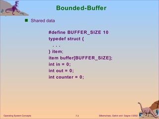 Bounded-Buffer  Shared data #define BUFFER_SIZE 10 typedef struct { . . . } item ; item buffer[BUFFER_SIZE]; int in = 0; int out = 0; int counter = 0; Operating System Concepts 