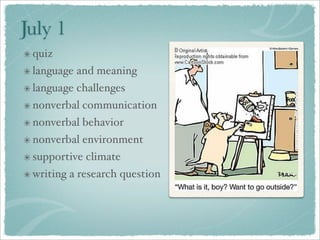 July 1
 quiz
 language and meaning
 language challenges
 nonverbal communication
 nonverbal behavior
 nonverbal environment
 supportive climate
 writing a research question
 