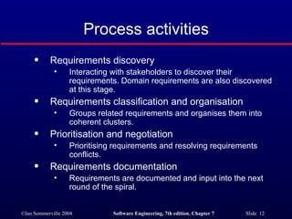 Process activities Requirements discovery Interacting with stakeholders to discover their requirements. Domain requirements are also discovered at this stage. Requirements classification and organisation Groups related requirements and organises them into coherent clusters. Prioritisation and negotiation Prioritising requirements and resolving requirements conflicts. Requirements documentation Requirements are documented and input into the next round of the spiral. 