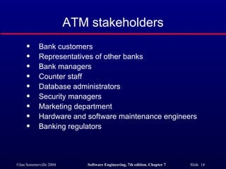 ATM stakeholders Bank customers Representatives of other banks Bank managers Counter staff Database administrators  Security managers Marketing department Hardware and software maintenance engineers Banking regulators 