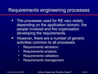 Requirements engineering processes The processes used for RE vary widely depending on the application domain, the people involved and the organisation developing the requirements. However, there are a number of generic activities common to all processes Requirements elicitation; Requirements analysis; Requirements validation; Requirements management. 