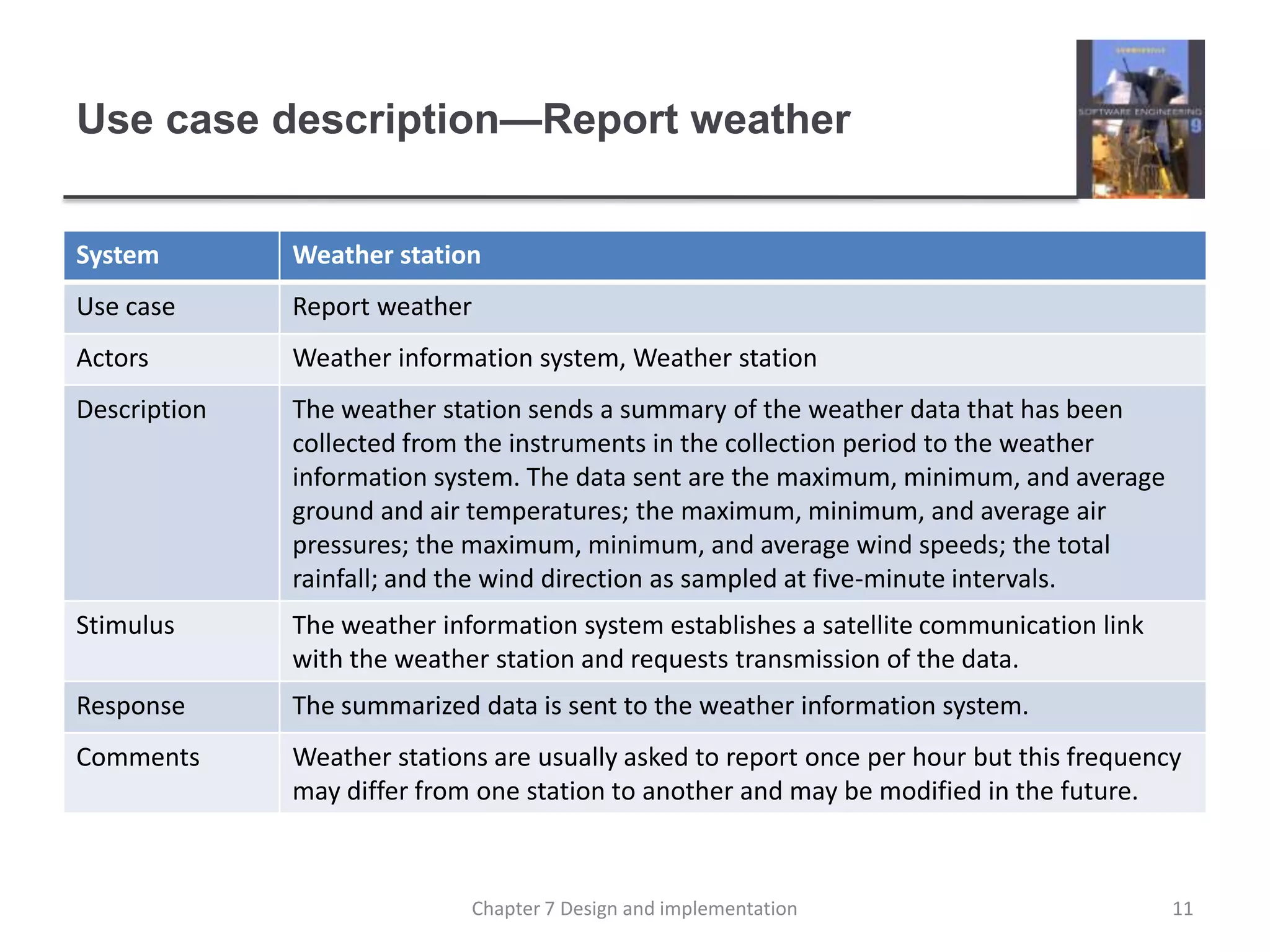 Use case description—Report weather11Chapter 7 Design and implementation