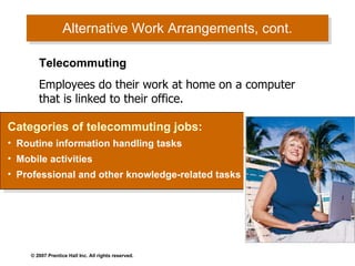 Alternative Work Arrangements, cont.  Categories of telecommuting jobs: Routine information handling tasks Mobile activities Professional and other knowledge-related tasks Telecommuting Employees do their work at home on a computer that is linked to their office. 