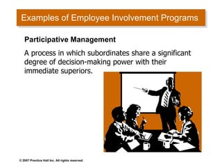 Examples of Employee Involvement Programs Participative Management A process in which subordinates share a significant degree of decision-making power with their immediate superiors. 