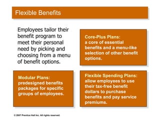 Flexible Benefits Flexible Spending Plans:  allow employees to use their tax-free benefit dollars to purchase benefits and pay service premiums. Modular Plans:  predesigned benefits packages for specific groups of employees. Core-Plus Plans: a core of essential benefits and a menu-like selection of other benefit options. Employees tailor their benefit program to meet their personal need by picking and choosing from a menu of benefit options. 