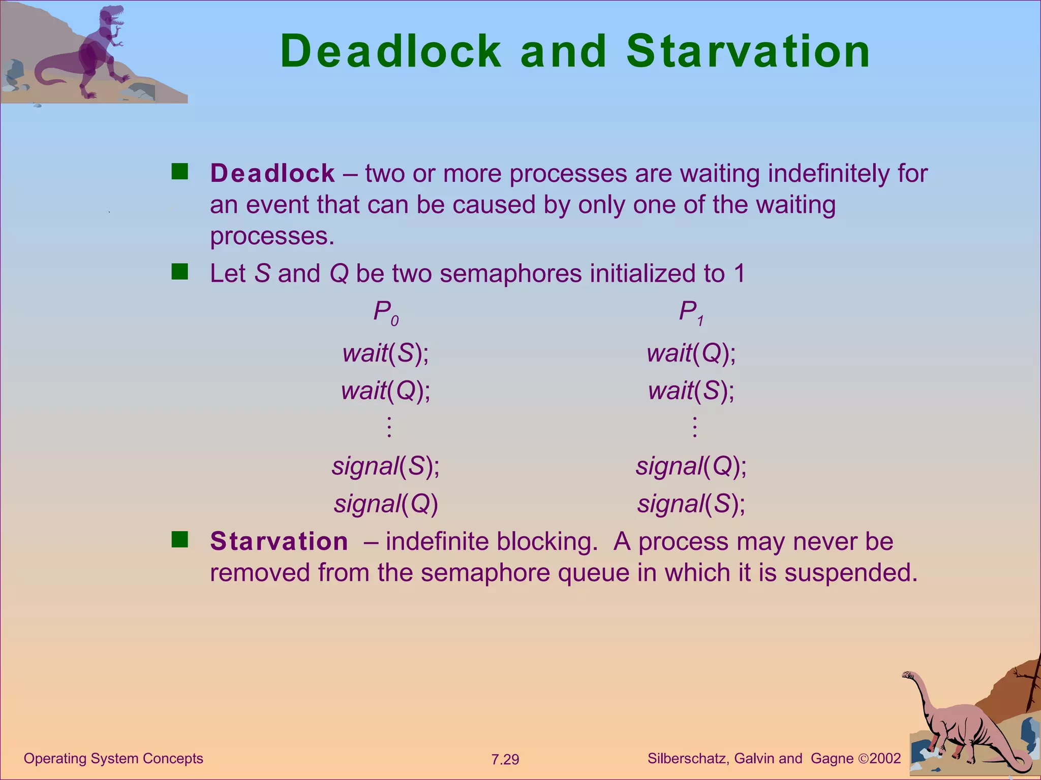 Deadlock and Starvation Deadlock  – two or more processes are waiting indefinitely for an event that can be caused by only one of the waiting processes. Let  S  and  Q  be two semaphores initialized to 1 P 0 P 1 wait ( S ); wait ( Q ); wait ( Q ); wait ( S );       signal ( S ); signal ( Q ); signal ( Q ) signal ( S ); Starvation   – indefinite blocking.  A process may never be removed from the semaphore queue in which it is suspended. 