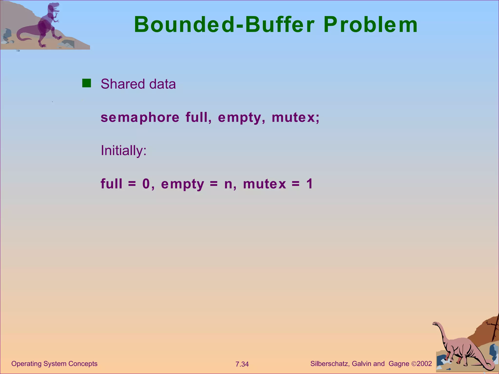 Bounded-Buffer Problem Shared data semaphore full, empty, mutex; Initially: full = 0, empty = n, mutex = 1 