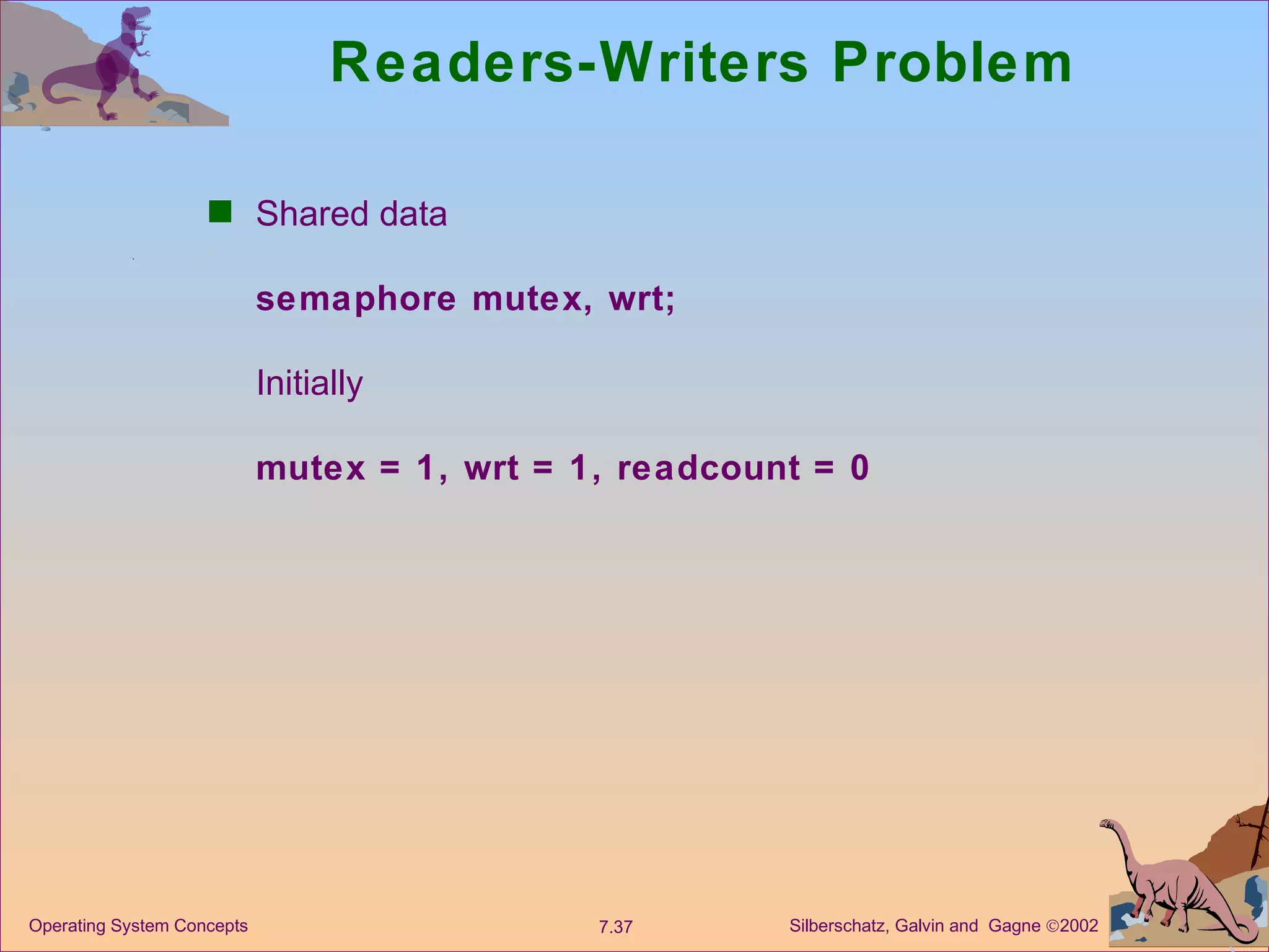 Readers-Writers Problem Shared data semaphore mutex, wrt; Initially mutex = 1, wrt = 1, readcount = 0 