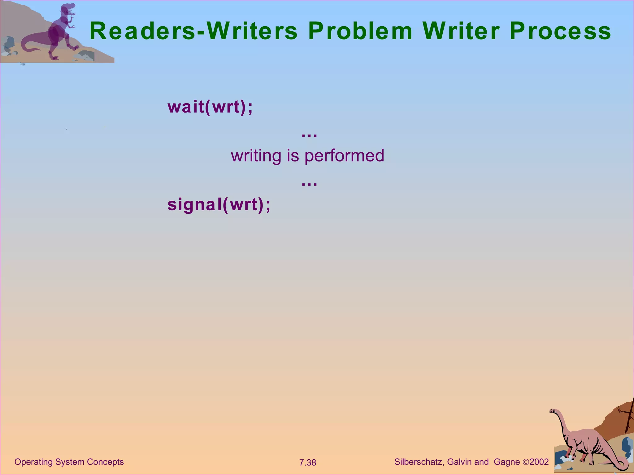 Readers-Writers Problem Writer Process wait(wrt);  … writing is performed  … signal(wrt); 