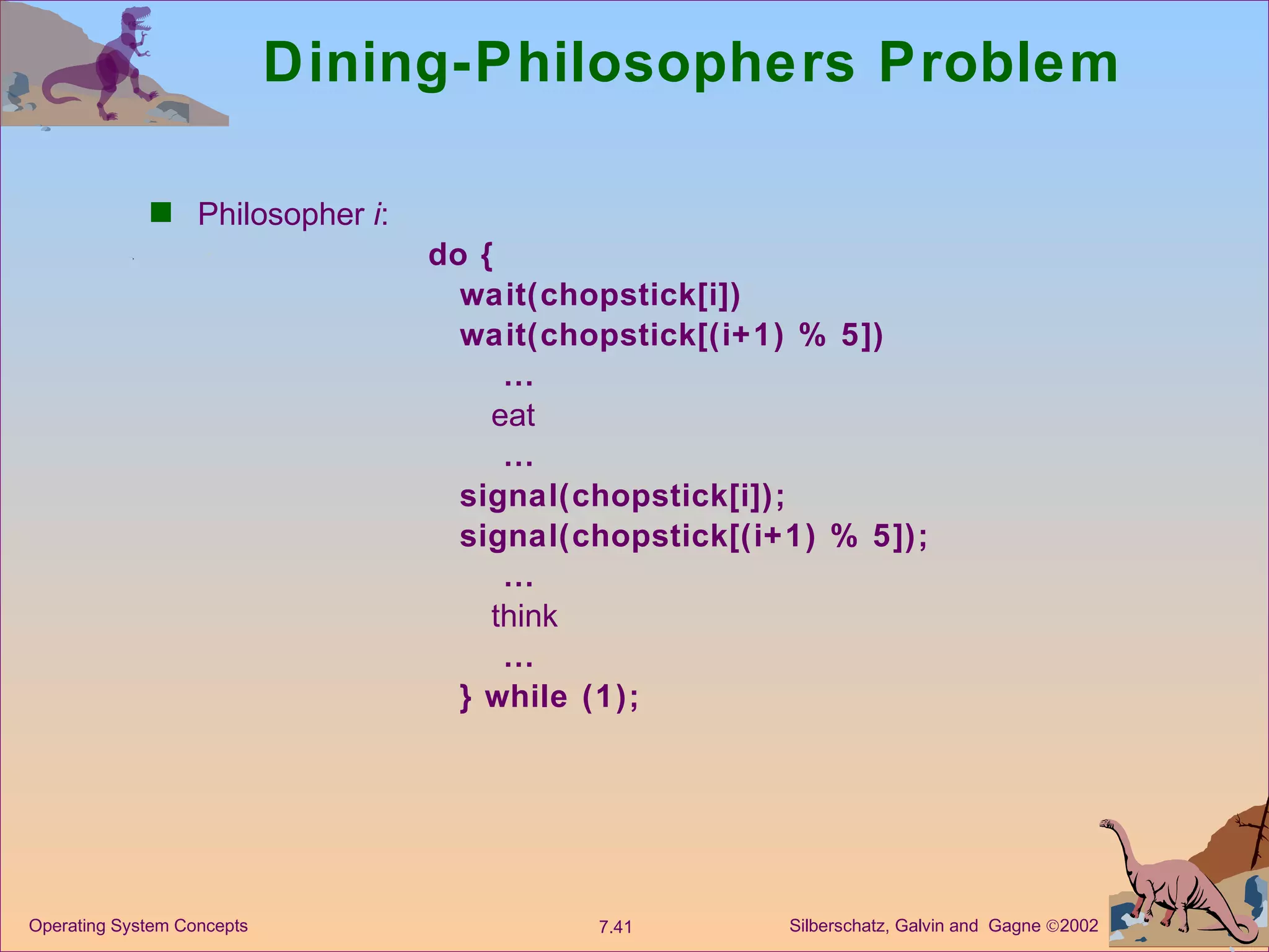 Dining-Philosophers Problem  Philosopher  i : do { wait(chopstick[i]) wait(chopstick[(i+1) % 5])  … eat  … signal(chopstick[i]); signal(chopstick[(i+1) % 5]);  … think  … } while (1); 
