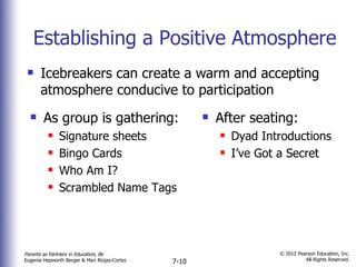 Establishing a Positive Atmosphere Icebreakers can create a warm and accepting atmosphere conducive to participation After seating: Dyad Introductions I’ve Got a Secret As group is gathering: Signature sheets Bingo Cards Who Am I? Scrambled Name Tags 