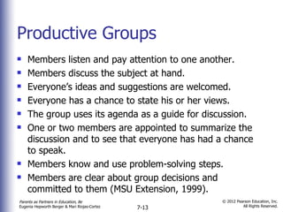 Productive Groups Members listen and pay attention to one another. Members discuss the subject at hand. Everyone’s ideas and suggestions are welcomed. Everyone has a chance to state his or her views. The group uses its agenda as a guide for discussion. One or two members are appointed to summarize the discussion and to see that everyone has had a chance to speak. Members know and use problem-solving steps. Members are clear about group decisions and committed to them (MSU Extension, 1999). 