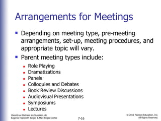 Arrangements for Meetings Depending on meeting type, pre-meeting arrangements, set-up, meeting procedures, and appropriate topic will vary. Parent meeting types include: 