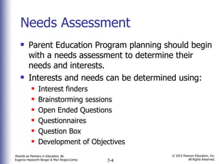Needs Assessment Parent Education Program planning should begin with a needs assessment to determine their needs and interests. Interests and needs can be determined using: Interest finders Brainstorming sessions Open Ended Questions Questionnaires Question Box Development of Objectives 