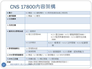 CNS 17800內容架構
     0. 簡介           0.1 概說、0.2 過程導向、0.3 與其他資訊系統之相容性
     1. 適用範圍         1.1 概論、1.2 應用
     2. 引用標準


     3. 名詞定義


     4. 資訊安全管理系統     4.1 一般要求
                     4.2 建立及管理ISMS       4.2.1 建立ISMS、4.2.2 實施與操作ISMS、
                                         4.2.3 監控與審查ISMS、4.2.4 維持及改進
                                          ISMS
                     4.3 文件要求          4.3.1一般要求、4.3.2 文件管制、4.3.3 紀錄管
                                           制
     5. 管理階層責任       5.1 管理階承諾
                     5.2 資源管理          5.2.1 資源提供、5.2.2 訓練、認知與能力
     6. ISMS管理階層審查   6.1 概述、6.2 審查輸入、6.3 審查輸出、6.4 ISNS內部稽核

     7. ISMS之改進      7.1 持續改進、7.2 矯正措施、7.3 預防措施
     附錄          附錄A 管制目標與控制措施、附錄B 標準使用指引、
27     網路規劃與分散式系統課程 by與不同管理系統標準關係
                 附錄C 王宣智
 
