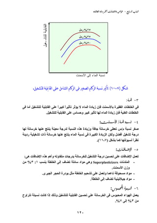 ‫‪@@òu‹bİÛa@òãbŠ¨a@pa‰bjnaë@˜aì@@M@ÉibÛa@lbjÛa‬‬




                ‫اﻟﻘﺎﺒﻠﻴﺔ ﻟﻠﺘﺸـﻐﻴل‬
                                            ‫٥٢% رﻡﻞ‬

                                            ‫٥٣% رﻡﻞ‬
                                            ‫٠٥% رﻡﻞ‬




                                          ‫ﻨﺴﺒﺔ ﺍﻟﻤﺎﺀ ﺇﻟﻰ ﺍﻷﺴﻤﻨﺕ‬


        ‫ﺷﻜﻞ )٧-٠١( ﺗﺄﺛﲑ نﺴﺒﺔ ﺍﻟﺮﻛﺎﻡ ﺍﻟﺼﻐﲑ ﻓﻰ ﺍﻟﺮﻛﺎﻡ ﺍﻟﺸﺎﻣﻞ ﻋﻠﻰ ﺍﻟﻘﺎﺑﻠﻴﺔ ﻟﻠﺘﺸﻐﻴﻞ.‬

                                                                                          ‫‪Zõb;½a@@MS‬‬
‫ﻓﻰ اﻟﺨﻠﻄﺎت اﻟﻔﻘﻴﺮة ﺑﺎﻷﺳﻤﻨﺖ ﻓﺈن زﻱﺎدة اﻟﻤﺎء ﻻ ﻱﺆﺛﺮ ﺗﺄﺛﻴﺮا آﺒﻴﺮا ﻋﻠﻰ اﻟﻘﺎﺑﻠﻴﺔ ﻟﻠﺘﺸﻐﻴﻞ أﻡﺎ ﻓﻰ‬
                            ‫ً‬      ‫ً‬
                   ‫اﻟﺨﻠﻄﺎت اﻟﻐﻨﻴﺔ ﻓﺈن زﻱﺎدة اﻟﻤﺎء ﻟﻬﺎ ﺗﺄﺛﻴﺮ آﺒﻴﺮ وﺣﺴﺎس ﻋﻠﻰ اﻟﻘﺎﺑﻠﻴﺔ ﻟﻠﺘﺸﻐﻴﻞ.‬

                                                              ‫‪:oä;à;þa@Oõb;½a@òj;ã @MT‬‬
‫ﺹﻐﺮ ﻧﺴﺒﺔ م/س ﺗﻌﻄﻰ ﺥﺮﺳﺎﻧﺔ ﺝﺎﻓﺔ وزﻱﺎدة هﺬﻩ اﻟﻨﺴﺒﺔ ﻟﺪرﺝﺔ ﻡﻌﻴﻨﺔ ﻱﻨﺘﺞ ﻋﻨﻬﺎ ﺥﺮﺳﺎﻧﺔ ﻟﻬﺎ‬
‫درﺝﺔ ﺗﺸﻐﻴﻞ أﻓﻀﻞ وﻟﻜﻦ اﻟﺰﻱﺎدة اﻟﻜﺒﻴﺮة ﻓﻰ ﻧﺴﺒﺔ اﻟﻤﺎء ﻱﻨﺘﺞ ﻋﻨﻬﺎ ﺥﺮﺳﺎﻧﺔ ذات ﺗﺸﻐﻴﻠﻴﺔ ردﻱﺌﺔ‬
                                                       ‫ﻧﻈﺮا ﻟﺴﻴﻮﻟﺘﻬﺎ آﻤﺎ ﺑﺸﻜﻞ )٧-١١(.‬
                                                                                  ‫ً‬

                                                                               ‫‪:pb;;Ïb;;™⁄a @MU‬‬
 ‫ﺗﻌﻤﻞ اﻹﺿﺎﻓﺎت ﻋﻠﻰ ﺗﺤﺴﻴﻦ درﺝﺔ اﻟﺘﺸﻐﻴﻞ ﻟﻠﺨﺮﺳﺎﻧﺔ ﺑﺪرﺝﺎت ﻡﺘﻔﺎوﺗﻪ وأهﻢ هﺬﻩ اﻹﺿﺎﻓﺎت هﻰ:‬
‫- اﻟﻤﻠﺪﻧﺎت ‪ Superplasticizers‬وهﻰ ﻡﻮاد ﺳﺎﺋﻠﺔ ﺗﻀﺎف إﻟﻰ اﻟﺨﻠﻄﺔ ﺑﻨﺴﺐ ١: ٣% ﻡﻦ‬
                                                               ‫وزن اﻷﺳﻤﻨﺖ.‬
             ‫- ﻡﻮاد ﻡﺴﺤﻮﻗﺔ ﻧﺎﻋﻤﺎ وﺗﻌﻤﻞ ﻋﻠﻰ ﺗﺸﺤﻴﻢ اﻟﺨﻠﻄﺔ ﻡﺜﻞ ﺑﻮدرة اﻟﺤﺠﺮ اﻟﺠﻴﺮى.‬
                                                ‫- ﻡﻮاد ﺝﻴﻼﺗﻴﻨﻴﺔ ﺗﻀﺎف إﻟﻰ اﻟﺨﻠﻄﺔ.‬

                                                                          ‫‪:ì;;ja@õaì;è;Ûa @MV‬‬
‫ﻱﻌﻤﻞ اﻟﻬﻮاء اﻟﻤﺤﺒﻮس ﻓﻰ اﻟﺨﺮﺳﺎﻧﺔ ﻋﻠﻰ ﺗﺤﺴﻴﻦ اﻟﻘﺎﺑﻠﻴﺔ ﻟﻠﺘﺸﻐﻴﻞ وذﻟﻚ إذا آﺎﻧﺖ ﻧﺴﺒﺘﺔ ﺗﺘﺮاوح‬
                                                                   ‫ﻡﻦ ٣% إﻟﻰ ٧%.‬


                                           ‫٠٢١‬
 