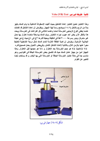 ‫‪@@òu‹bİÛa@òãbŠ¨a@pa‰bjnaë@˜aì@@M@ÉibÛa@lbjÛa‬‬



                                             ‫‪________________  : ‬‬
                                             ‫___________ ‪Vebe (VB) Test ‬‬


‫وهﺬا اﻻﺥﺘﺒﺎر ﺗﻌﺪﻱﻞ ﻻﺥﺘﺒﺎر إﻋﺎدة اﻟﺘﺸﻜﻴﻞ ﺑﺤﻴﺚ ُﻟﻐﻴﺖ اﻹﺳﻄﻮاﻧﺔ اﻟﺪاﺥﻠﻴﺔ ﺑﻪ وﺗﻢ اﻟﺪﻡﻚ ﺑﺎﻟﻬﺰ‬
                                         ‫أ‬
‫ﺑﺪﻻ ﻡﻦ اﻟﺮج واﻟﺸﻜﻞ )٧-٤١( ﻱﻮﺿﺢ رﺳﻤﺎ ﻟﻬﺬا اﻟﺠﻬﺎز. وﻱﻔﺘﺮض أن إﻋﺎدة اﻟﺘﺸﻜﻞ ﻗﺪ إآﺘﻤﻠﺖ‬
                                              ‫ً‬                                      ‫ً‬
‫ﻋﻨﺪﻡﺎ ﻱﻐﻄﻰ اﻟﻠﻮح اﻟﺰﺝﺎﺝﻰ اﻟﺨﺮﺳﺎﻧﺔ ﺗﻤﺎﻡﺎ وﻋﻨﺪﻡﺎ ﺗﺘﻼﺵﻰ آﻞ اﻟﻔﺮاﻏﺎت ﻓﻰ اﻟﺨﺮﺳﺎﻧﺔ وﻱﺤﺪد‬
‫هﺬا ﺑﺎﻟﻨﻈﺮ اﻟﺬى ﻱﻌﺘﺒﺮ أﺣﺪ ﻋﻴﻮب إﺝﺮاء اﻹﺥﺘﺒﺎر. وﻱﺘﻢ اﻟﺪﻡﻚ ﺑﻮاﺳﻄﺔ ﻡﻨﻀﺪة إهﺘﺰاز ﺑﻬﺎ ﺣﻤﻞ‬
‫ﻏﻴﺮ ﻡﺘﻤﺮآﺰ وﻱﺪور ﺑﺴﺮﻋﺔ ٠٠٠٣ ﻟﻔﺔ ﻓﻰ اﻟﺪﻗﻴﻘﺔ وﺑﻌﺠﻠﺔ ﻗﺪرهﺎ ٣ج إﻟﻰ ٤ج ﺣﻴﺚ ج هﻰ ﻋﺠﻠﺔ‬
‫اﻟﺠﺎذﺑﻴﺔ اﻷرﺿﻴﺔ. وﺑﻔﺮض أن آﻤﻴﺔ اﻟﻄﺎﻗﺔ اﻟﻼزﻡﺔ ﻟﺘﻤﺎم اﻟﺪﻡﻚ ﺗﻤﺜﻞ درﺝﺔ اﻟﺘﺸﻐﻴﻠﻴﺔ ﻟﻠﺨﻠﻴﻂ‬
 ‫ﻡﻌﺒﺮا ﻋﻨﻬﺎ ﺑﺎﻟﺰﻡﻦ اﻟﻼزم ﺑﺎﻟﺜﺎﻧﻴﺔ ﻹﻋﺎدة اﻟﺘﺸﻜﻞ اﻟﻜﺎﻡﻞ. وﻓﻰﺑﻌﺾ اﻷﺣﻴﺎن ﻱﻌﻤﻞ ﺗﺼﺤﻴﺢ ﻗﺪرﻩ‬
                                                                                   ‫ً‬
‫1‪V2/ V‬ﺣﻴﺚ 2‪ V‬هﻮ ﺣﺠﻢ اﻟﺨﺮﺳﺎﻧﺔ ﺑﻌﺪ اﻹهﺘﺰاز و 1‪ V‬هﻮ ﺣﺠﻤﻬﺎ ﻗﺒﻞ اﻹهﺘﺰاز. وهﺬا‬
‫اﻟﺠﻬﺎز أﻡﻴﺰ ﻡﻦ ﺝﻬﺎز ﻋﺎﻡﻞ اﻟﺪﻡﻚ ﺣﻴﺚ ﻗﺪ ﺗﻠﺘﺼﻖ ﺑﻌﺾ اﻟﺨﺮﺳﺎﻧﺔ اﻟﺠﺎﻓﺔ ﻓﻰ اﻟﻘﻮادﻱﺲ وهﻮ‬
‫ﻡﻨﺎﺳﺐ ﺝﺪا ﻓﻰ ﺣﺎﻟﺔ إﺥﺘﺒﺎر اﻟﺨﺮﺳﺎﻧﺔ اﻟﺠﺎﻓﺔ أو اﻟﺨﺮﺳﺎﻧﺔ اﻟﺘﻰ ﺑﻬﺎ أﻟﻴﺎف. و ﻗﺪ ﻱﺴﺘﺨﺪم أﻱﻀﺎ‬
                                                                              ‫ً‬
                                                                       ‫ﻟﻠﺘﻌﺒﻴﺮ ﻋﻦ اﻟﻘﻮام.‬




                            ‫ﻗﻤﻊ‬
                                                         ‫ﻟﻮح زﺝﺎﺝﻲ‬



                                                      ‫ﻡﺨﺮوط هﺒﻮط‬




                              ‫ﺷﻜﻞ )٧-٤١( ﺟﻬﺎﺯ ﻓﻰ ﺑﻰ.‬



                                         ‫٤٢١‬
 