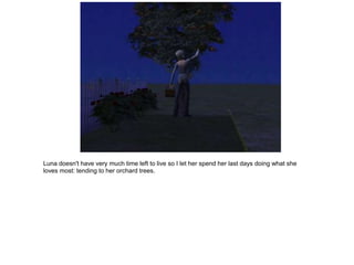 Luna doesn't have very much time left to live so I let her spend her last days doing what she
loves most: tending to her orchard trees.
 