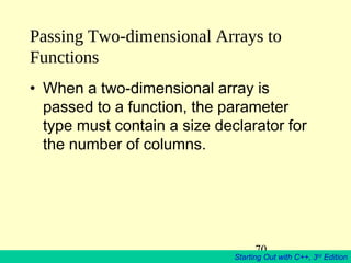 70
Starting Out with C++, 3rd
Edition
Passing Two-dimensional Arrays to
Functions
• When a two-dimensional array is
passed to a function, the parameter
type must contain a size declarator for
the number of columns.
 