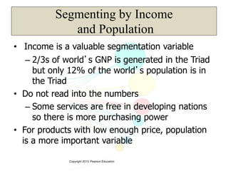 Copyright 2013, Pearson Education
Segmenting by Income
and Population
• Income is a valuable segmentation variable
– 2/3s of world’s GNP is generated in the Triad
but only 12% of the world’s population is in
the Triad
• Do not read into the numbers
– Some services are free in developing nations
so there is more purchasing power
• For products with low enough price, population
is a more important variable
 