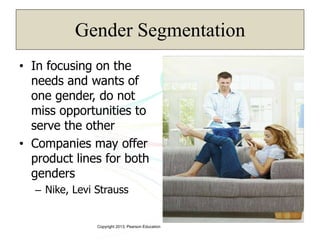 Copyright 2013, Pearson Education
Gender Segmentation
• In focusing on the
needs and wants of
one gender, do not
miss opportunities to
serve the other
• Companies may offer
product lines for both
genders
– Nike, Levi Strauss
 